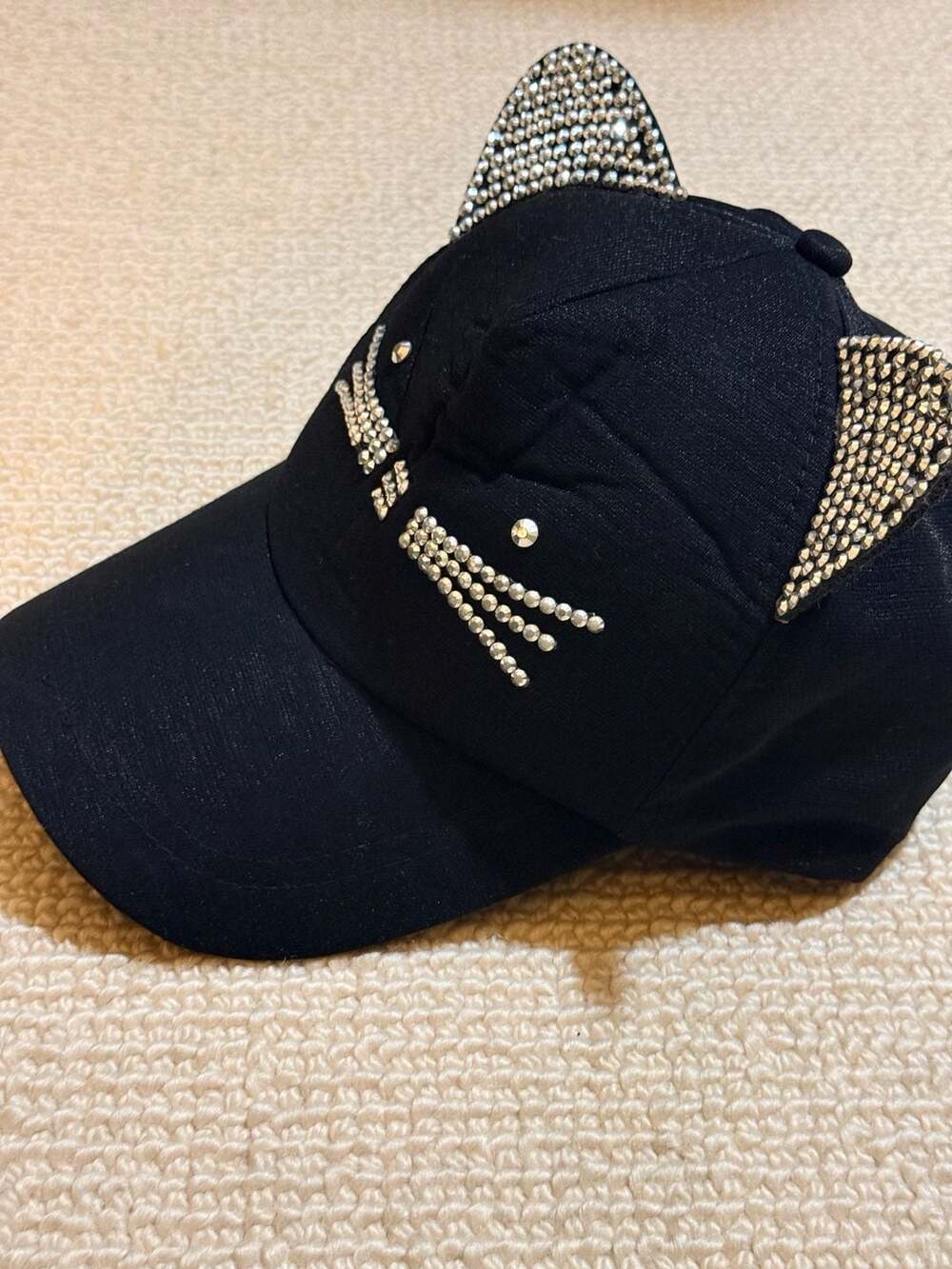 Black Cute Cat Ears Baseball Hat with Rhinestones and Whiskers